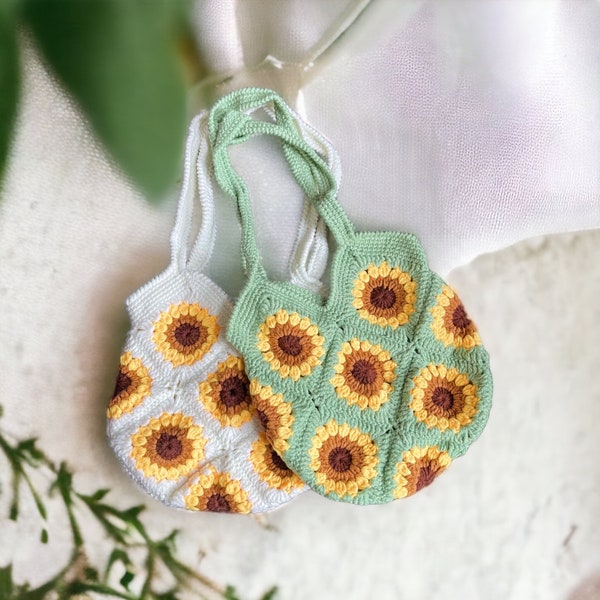 Granny Square Crochet Tote Bag Cute Knitted Market Bag Kawaii Sunflower Beach Tote For Birthday Gift For Mom