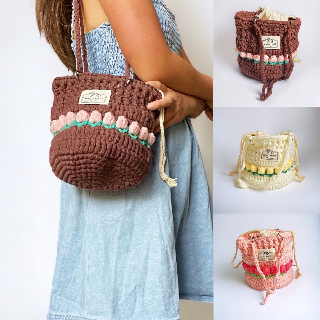 Crochet Tulip Flower Bucket Bag Cute Knitted Shoulder Bag for Birthday