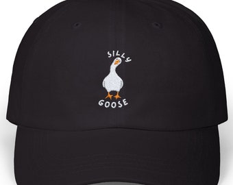 May include: Black baseball cap with white embroidery of a goose and the text "Silly Goose".