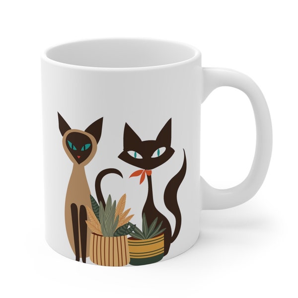 Siamese Cats and Plants Coffee Mug, Cute Cats Cup, Plant and Cat Lovers Mug, Gardener Gift