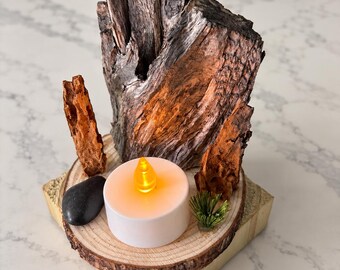 Handmade Rustic Woodland Decor with LED Candle – Driftwood & Natural Wood Sculpture