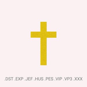 May include: A golden yellow cross, centered on a light pink background. The cross is a simple, four-armed design. At the bottom of the image are file type extensions: .DST .EXP .JEF .HUS .PES .VIP .VP3 .XXX.