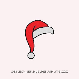 Könnte beinhalten: Ein roter Weihnachtsmannhut mit weißem Rand und weißem Bommel. Der Hut ist mit schwarzem Faden bestickt. Das Bild befindet sich auf einem hellrosa Hintergrund. Die Dateiformate .DST .EXP .JEF .HUS .PES .VIP .VP3 .XXX sind unten aufgeführt.