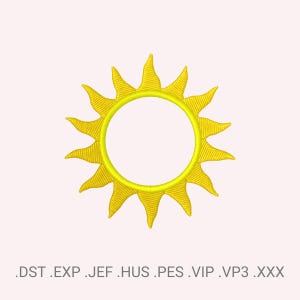 Könnte beinhalten: Ein gelbes, gesticktes Sonnendesign mit einem kreisförmigen Zentrum und spitzen Strahlen. Das Design ist vor einem weißen Hintergrund platziert. Die Dateiformate .DST .EXP .JEF .HUS .PES .VIP .VP3 .XXX sind unten aufgeführt.