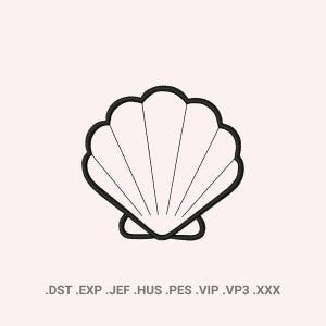May include: An embroidery design of a seashell featuring a thick black outline and internal radial lines. Below the shell, the text reads .DST .EXP .JEF .HUS .PES .VIP .VP3 .XXX. The design is presented against a solid, light-colored background.