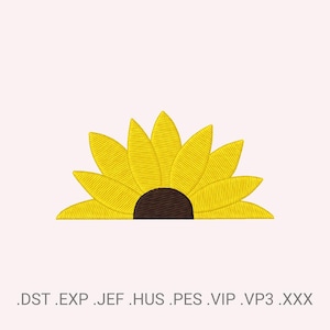 Op de afbeelding: Een borduurontwerp van een halve zonnebloem met heldergele bloemblaadjes en een donkerbruin hart. Het ontwerp staat tegen een lichtroze achtergrond. De afbeelding bevat de bestandsextensies .DST .EXP .JEF .HUS .PES .VIP .VP3 .XXX.