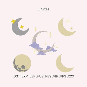 Könnte beinhalten: Ein Bild mit sechs Mond- und Sterndesigns in verschiedenen Farben. Die Monde sind grau und gelb, mit gelben Sternen. Der Text "6 Größen" steht oben, und Dateierweiterungen sind unten aufgeführt.