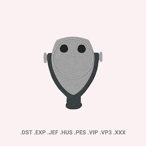 May include: A gray embroidered design of a coin-operated telescope, featuring two dark circles for the eyepieces and a rectangular slot. The design is set against a light pink background. The bottom of the image contains the text: .DST .EXP .JEF .HUS .PES .VIP .VP3 .XXX.