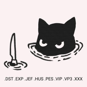 May include: Black and white illustration of a cat with angry eyes peeking out of the water. The cat is surrounded by ripples in the water. A knife is sticking out of the water to the left of the cat.