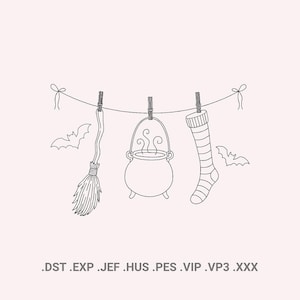 May include: A black and white line art embroidery design featuring a broom, a steaming cauldron, and a striped sock hanging from a clothesline with two bats. The text .DST .EXP .JEF .HUS .PES .VIP .VP3 .XXX is printed at the bottom of the image.