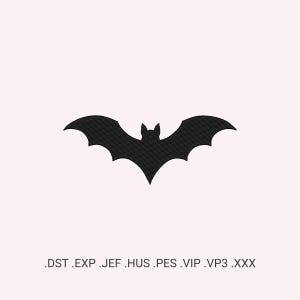 Könnte beinhalten: Schwarze Fledermaus-Silhouette mit strukturierten Details, zentriert auf hellrosa Hintergrund. Die Fledermaus hat ausgebreitete Flügel und einen spitzen Kopf. Darunter die Dateiendungen .DST .EXP .JEF .HUS .PES .VIP .VP3 .XXX.