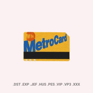 Pode incluir: MetroCard amarela bordada com texto azul e uma faixa magnética preta. O logotipo da MTA está no canto superior esquerdo. O cartão tem formato retangular.