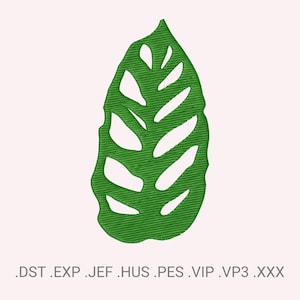 May include: A green leaf-shaped embroidery design with multiple cut-out sections. The design is on a light pink background. The bottom of the image contains the file extensions .DST .EXP .JEF .HUS .PES .VIP .VP3 .XXX.
