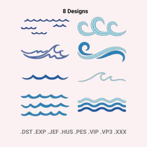 May include: Eight blue wave designs are shown against a pale background. The designs range from simple lines to more complex, stylised waves. The text "8 Designs" is at the top, and file formats are listed at the bottom.