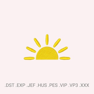 May include: Embroidered yellow sun design with radiating rays on a light pink background. The sun is a half-circle with textured stitching, and the rays are elongated ovals. The image includes file format extensions at the bottom.