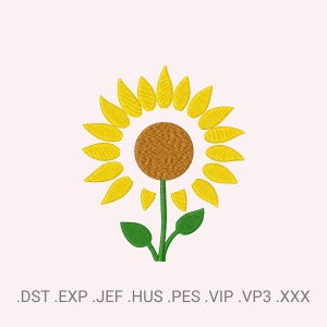 Könnte beinhalten: Gesticktes Sonnenblumen-Design mit gelben Blütenblättern, einem braunen Zentrum und grünen Stiel und Blättern. Das Design befindet sich auf einem hellrosa Hintergrund. Die Dateiformate .DST .EXP .JEF .HUS .PES .VIP .VP3 .XXX sind unten aufgeführt.