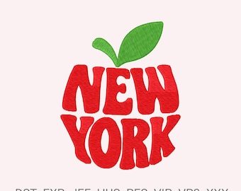 May include: An embroidery design featuring the red text NEW YORK shaped like an apple with two green leaves on top. Below the apple, the text .DST .EXP .JEF .HUS .PES .VIP .VP3 .XXX is displayed in a simple, clean, dark grey font.
