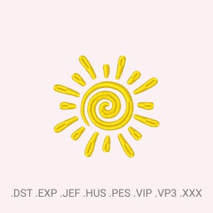 Könnte beinhalten: Gesticktes gelbes Sonnendesign mit einem spiralförmigen Zentrum und strahlenden Strahlen. Das Design befindet sich auf einem hellrosa Hintergrund. Das Bild enthält die Dateierweiterungen .DST .EXP .JEF .HUS .PES .VIP .VP3 .XXX.