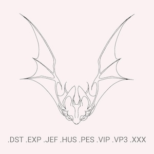 Könnte beinhalten: Eine schwarze Strichzeichnung einer Fledermaus mit ausgebreiteten Flügeln. Die Flügel der Fledermaus sind mit scharfen Spitzen und geschwungenen Linien detailliert. Der Kopf der Fledermaus ist klein mit spitzen Ohren. Das Bild enthält die Dateierweiterungen .DST .EXP .JEF .HUS .PES .VIP .VP3 .XXX.