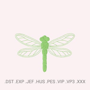 Könnte beinhalten: Ein hellgrünes, gesticktes Libellen-Design. Die Libelle hat detaillierte Flügel und einen Körper mit einer gestickten Kontur. Das Bild enthält Dateierweiterungen: .DST .EXP .JEF .HUS .PES .VIP .VP3 .XXX.