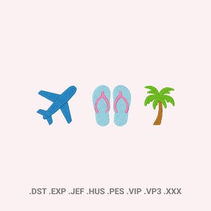 Könnte beinhalten: Ein gesticktes Design mit einem blauen Flugzeug, einem Paar hellblauer Flip-Flops mit rosa Riemen und einer grünen Palme mit braunem Stamm. Das Design befindet sich auf einem hellrosa Hintergrund. Der untere Teil des Bildes enthält den Text: .DST .EXP .JEF .HUS .PES .VIP .VP3 .XXX