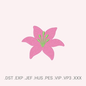 May include: A pink embroidered flower with green stamens and pistils. The flower has five petals and is set against a light pink background. The image includes file format extensions: .DST .EXP .JEF .HUS .PES .VIP .VP3 .XXX.