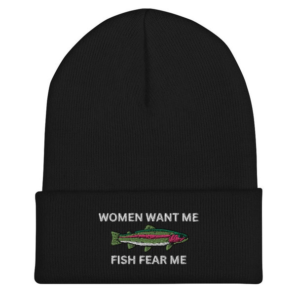 Women Want Me Fish Fear Me Hat Fishing Winter Beanie Funny Fisherman Hat For Boyfriend Gift From Her Fishing Beanie For Dad Embroidery