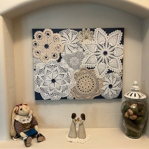 Vintage Doily Wall Art 16&quot; x 20&quot; (16-3), Doily Design Originals, Shabby Chic, Country Farmhouse, One of a Kind Gifts, Handcrafted Art