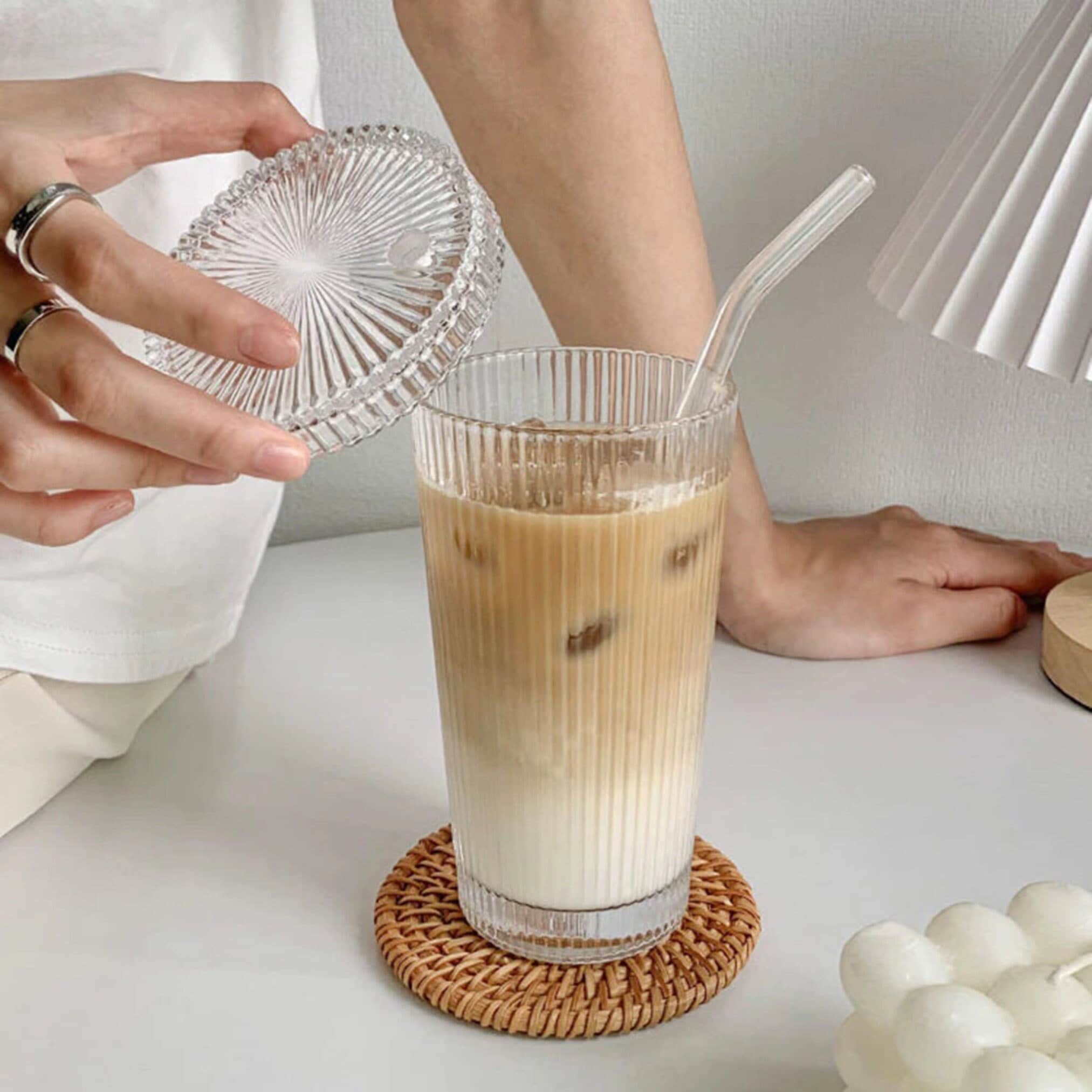 Ribbed Glass Coffee Cup With Straw - Perfect For Iced Coffee