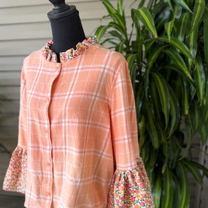 Upcycled Flannel Patchwork Shirt, Ruffled Collar Bell Sleeve Top