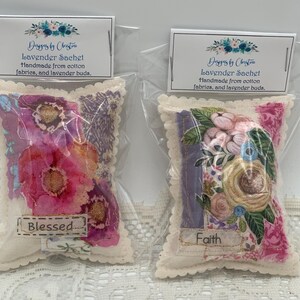 Floral Lavender Sachet: Handmade Cotton Print, &#39;Faith&#39; & &#39;Blessed&#39;