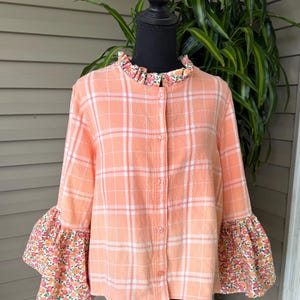 Upcycled Flannel Jacket, Cropped Boho Shirt, Bell Sleeve Patchwork Top, Ruffled Collar Blouse, Cottagecore Clothing, One of a Kind