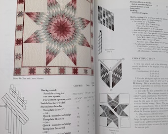 May include: Open book page featuring a detailed quilt pattern with a central star design in red, pink, and green hues. The page includes diagrams and instructions for quilt construction, with measurements in inches.