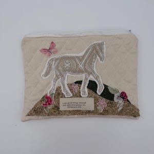 Upcycled Linen Zipper Pouch with Horse Applique & Scripture Patch Handmade Makeup Bag, Sewing Project Bag, OOAK Gift