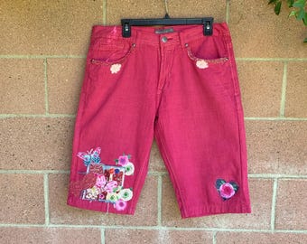 Upcycled Denim Shorts 36x34, Lace Patchwork Boho Festival Jeans (Handmade)