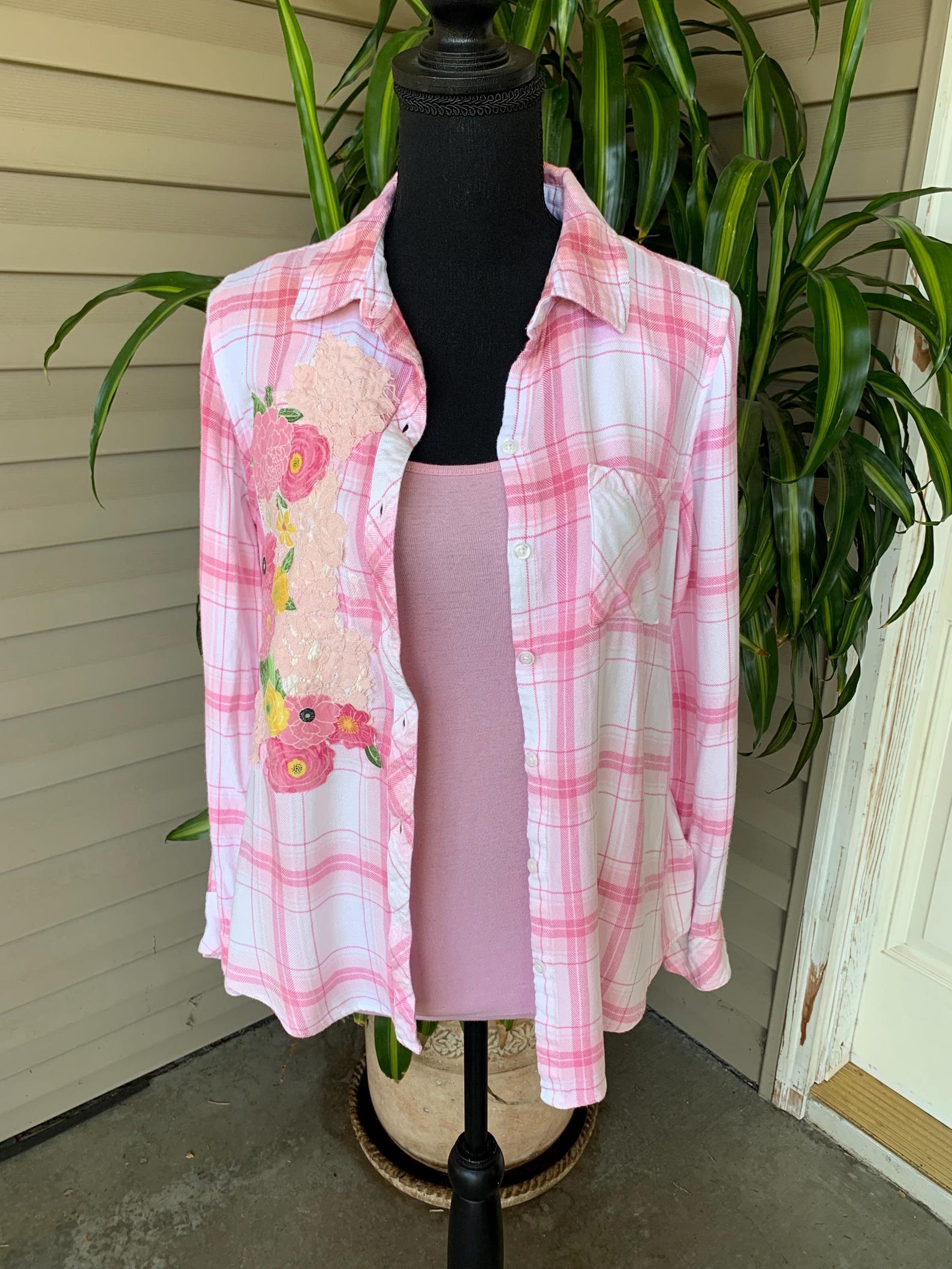 Upcycled Pink Flannel Shirt Boho Chic Lace & Floral Embellished Etsy — free download