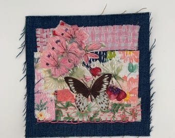 Boro Patch with Butterfly,  Hand Sewn Textile Art for Visible Mending and Embellishment