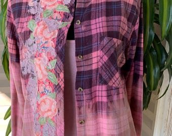 Upcycled Flannel Shirt, Bleached Ombre Top,  Floral Appliqué, Women's Medium
