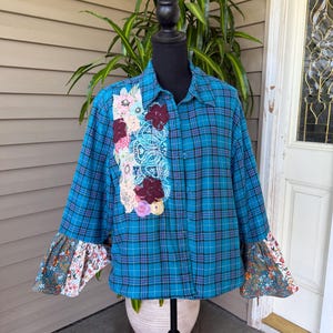 Upcycled Flannel Jacket, Boho Patchwork Mandala Stencil Top, Fleece Lined