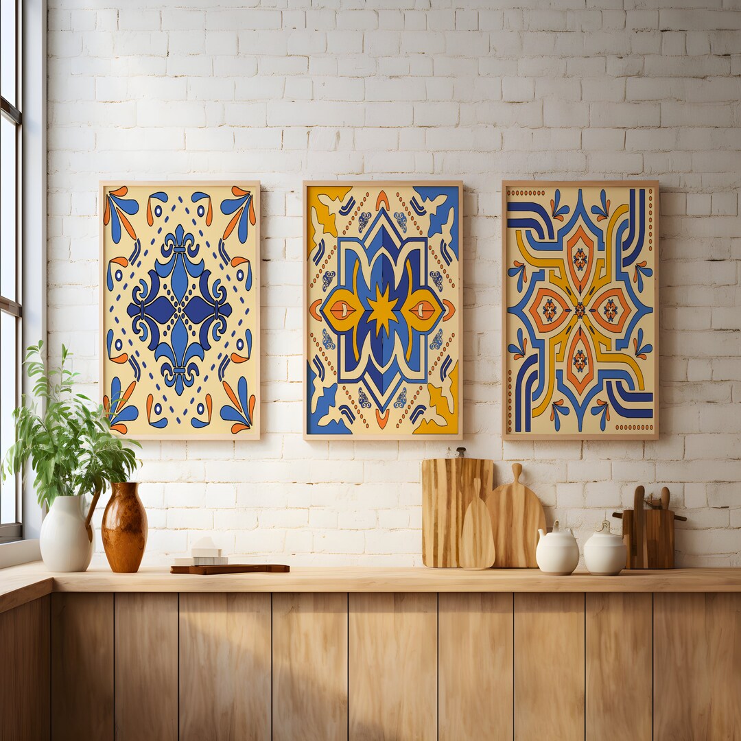 Mexican Kitchen Wall Art, Gallery Set of 3 Talavera Tile, Blue and ...