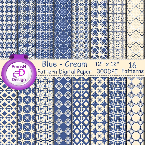 Blue and Cream Pattern Digital Paper, chevron, polka dots, stripes, birthday, scrapbook papers, Blue digital paper, wallpaper, backgrounds