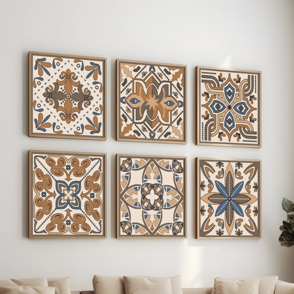 Oriental Tiles Print Set of 6, Boho Ethnic wall art, Moroccan Digital Tile Wall decor, Pastel Printable Wall Art, North African Art Posters