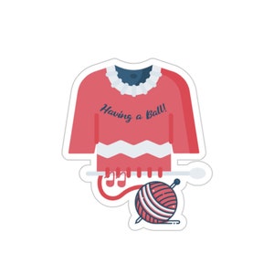 Mit einem Ball stricken einen Pullover mit Garn und Stricknadeln Aufkleber