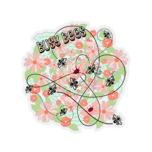 Bezige bijen die rode en roze bloemen bestuiven voor honingsticker