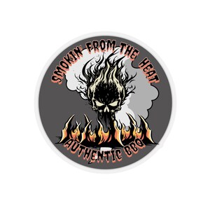 Skull Smokin&#39; From the Heat Authentic Spicy BBQ Sticker. Can be personalized for T-Shirt.