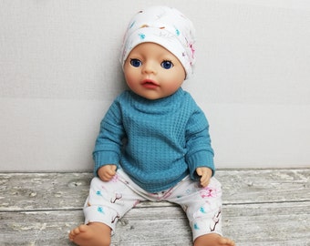 Puppenkleidung 36 cm, Puppenpulli Hose Mütze Blau, Puppenoutfit Babypuppe Baby re born Mädchenpuppen, Paola Reina doll 34cm
