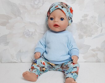 Puppenkleidung 36 cm, Puppenpulli Hose Mütze blau, Puppenoutfit Babypuppe Baby re born Mädchenpuppen, Paola Reina doll 34cm