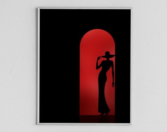 May include: A black and white silhouette of a person wearing a hat and dress standing in a red doorway. The background is black.