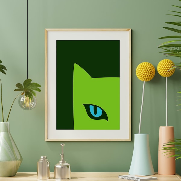Niedliche grüne Katze, bedruckbare Dekoration, digitaler Download, Wandkunst für Wohnzimmer, abstrakte Kunst, Heimdekoration, blaue Kunst