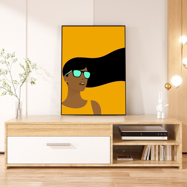 Minimalist Art Printable Poster, Afro Woman Illustration, Vibrant Portrait, Wall Print, Wall Deco, Digital Art Download, Vector Illustration